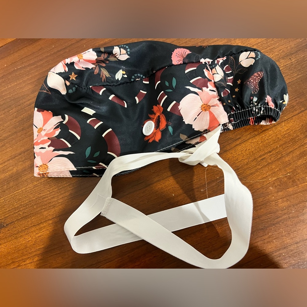 Snake and Floral Scrub Cap with Buttons